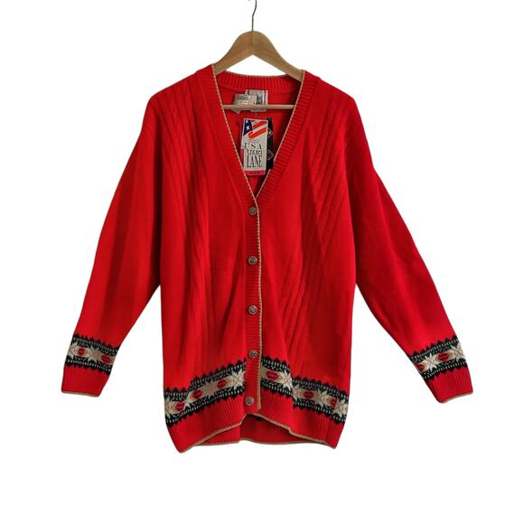 NWT Vintage Cricket Lane Christmas Sweater Cardi Med Snowflake Red Metallic Gold - Picture 6 of 6